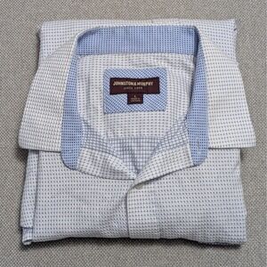 Johnston & Murphy Men's L Dress Shirt White Blue Micro Check Pattern Cotton